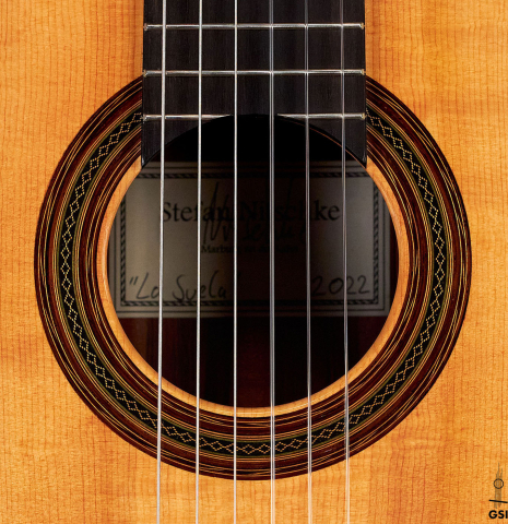 The rosette of a 2022 Stefan Nitschke &quot;Hauser&quot; classical guitar made with spruce and CSA rosewood