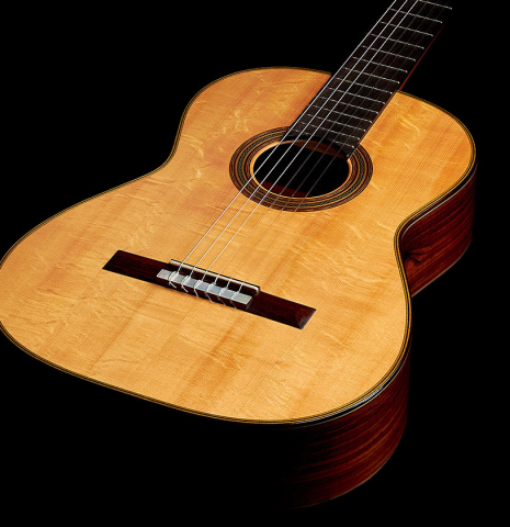 The front of a 2022 Stefan Nitschke "Hauser" classical guitar made with spruce and CSA rosewood