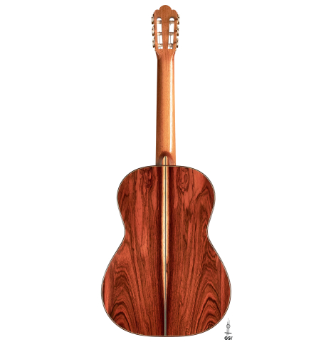 The back of a 2023 Stefan Nitschke "Hauser" classical guitar made with spruce and CSA rosewood on a white background