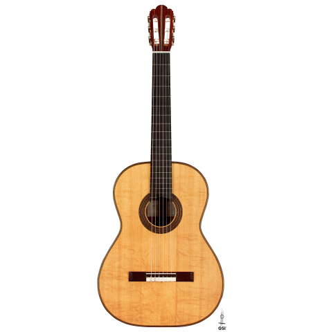 The front of a 2023 Stefan Nitschke "Hauser" classical guitar made with spruce and CSA rosewood on a white background