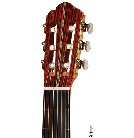 The headstock and machine heads of a 2023 Stefan Nitschke "Hauser" classical guitar made with spruce and CSA rosewood on a white background