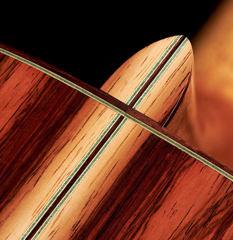The back and heel of a 2023 Stefan Nitschke "Hauser" classical guitar made with spruce and CSA rosewood