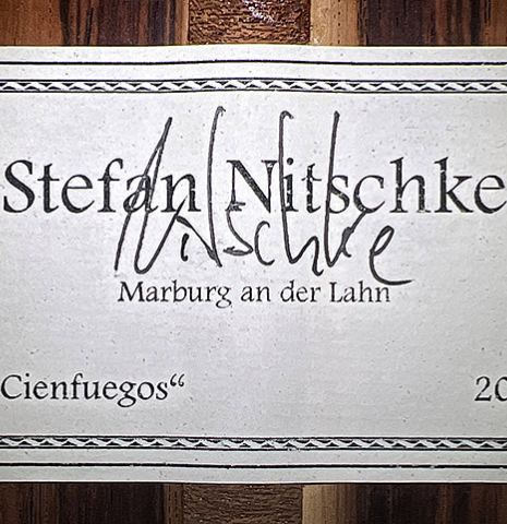 The label of a 2023 Stefan Nitschke "Hauser" classical guitar made with spruce and CSA rosewood