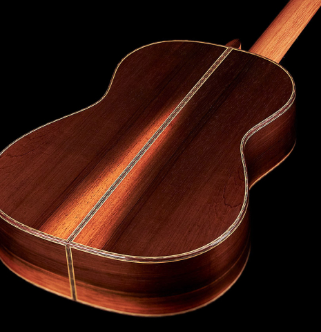 The back of a 2020 Stefan Nitschke &quot;1912 Manuel Ramirez&quot; classical guitar made of spruce and CSA rosewood. 