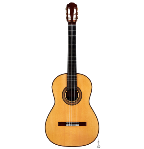 The front of a 2020 Stefan Nitschke &quot;1912 Manuel Ramirez&quot; classical guitar made of spruce and CSA rosewood. 
