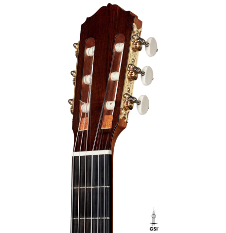 The headstock of a 2020 Stefan Nitschke &quot;1912 Manuel Ramirez&quot; classical guitar made of spruce and CSA rosewood. 