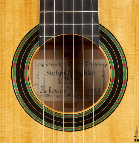 The rosette of a 2023 Stefan Nitschke "Vicente Arias" classical guitar made of spruce and cypress