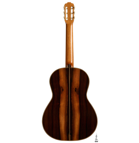 The back of a 2024 Stefan Nitschke "Santos" classical guitar made of spruce and CSA rosewood