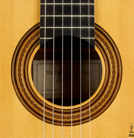 The rosette of a 2024 Stefan Nitschke "Santos" classical guitar made of spruce and CSA rosewood