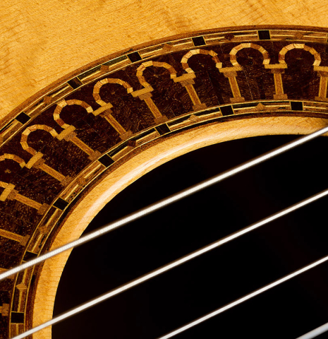 Detailed closeup of the rosette of a 2019 Stefan Nitschke "Romanillos" classical guitar made of spruce and CSA rosewood