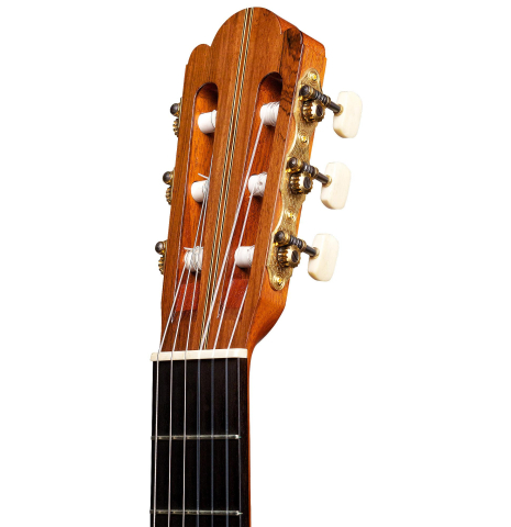 The headstock of a 1992 Ober/Blochinger classical guitar made of spruce and CSA rosewood