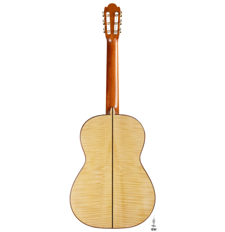 The back of a 2000 Fritz Ober classical guitar made of spruce and maple