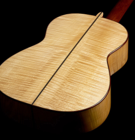 The back and sides of a 2000 Fritz Ober classical guitar made of spruce and maple
