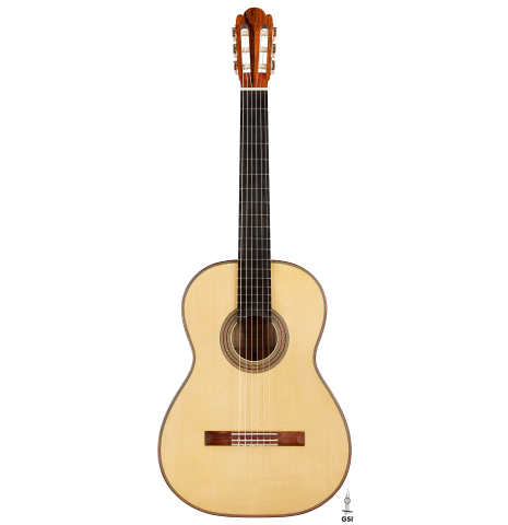 The front of a 2000 Fritz Ober classical guitar made of spruce and maple