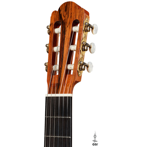 The headstock of a 2000 Fritz Ober classical guitar made of spruce and maple