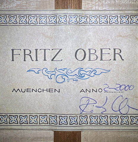 The label of a 2000 Fritz Ober classical guitar made of spruce and maple