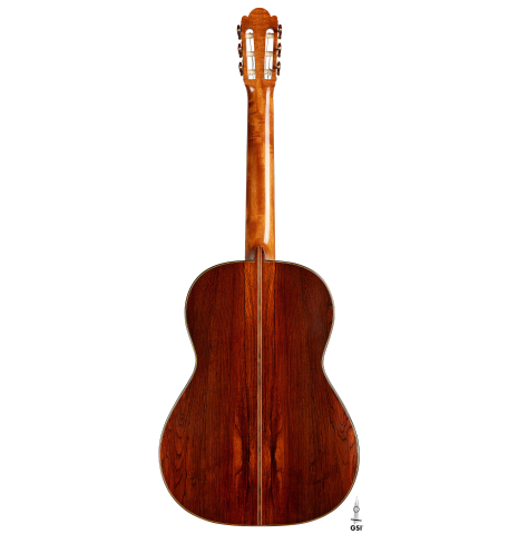 The back of a 2019 Fritz Ober classical guitar made of spruce and CSA rosewood