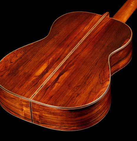 The back and sides of a 2019 Fritz Ober classical guitar made of spruce and CSA rosewood