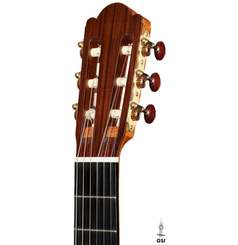 The headstock of a 2019 Fritz Ober classical guitar made of spruce and CSA rosewood