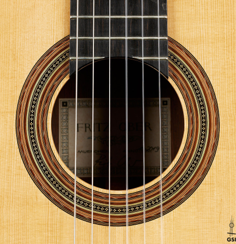 The rosette of a 2019 Fritz Ober classical guitar made of spruce and CSA rosewood