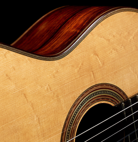 The top and rosette of a 2019 Fritz Ober classical guitar made of spruce and CSA rosewood