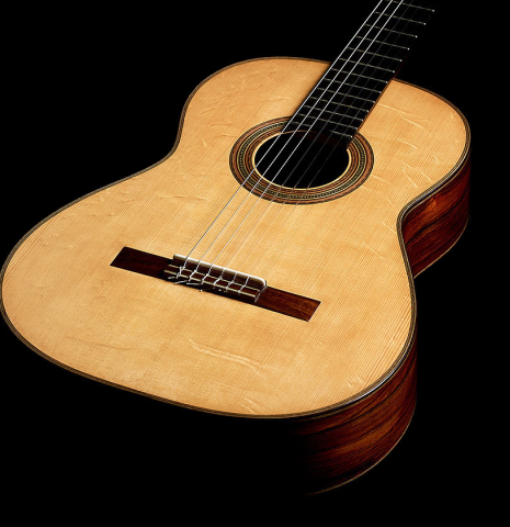 The soundboard of a 2019 Fritz Ober classical guitar made of spruce and CSA rosewood