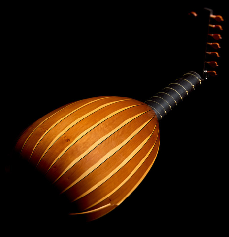 The rouded back of a 1988 Fritz Ober "7-Course Renaissance Lute" made of spruce and yew