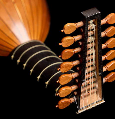 The peghead of a 1988 Fritz Ober "7-Course Renaissance Lute" made of spruce and yew