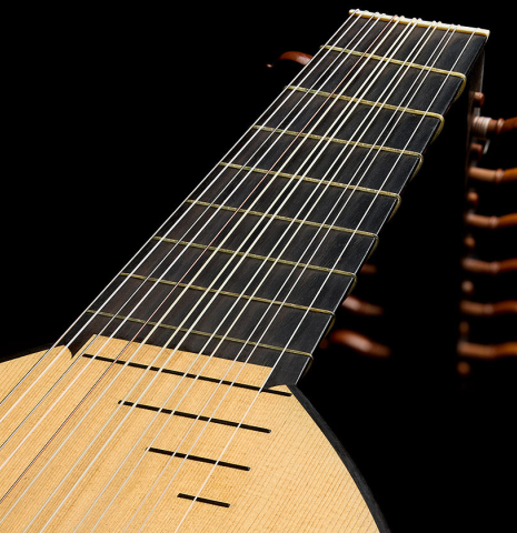 The fingerboard of a 1988 Fritz Ober "7-Course Renaissance Lute" made of spruce and yew