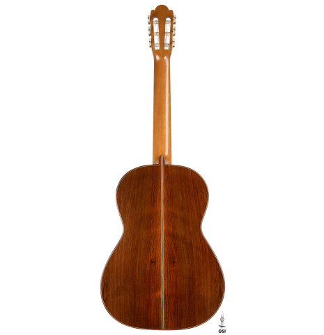 The back of a 1997 Fritz Ober classical guitar made of spruce and CSA rosewood