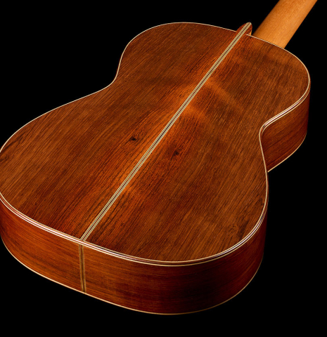The back and sides of a 1997 Fritz Ober classical guitar made of spruce and CSA rosewood