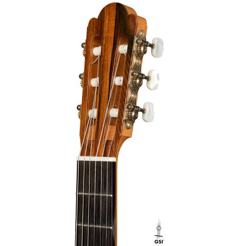 The headstock of a 1997 Fritz Ober classical guitar made of spruce and CSA rosewood