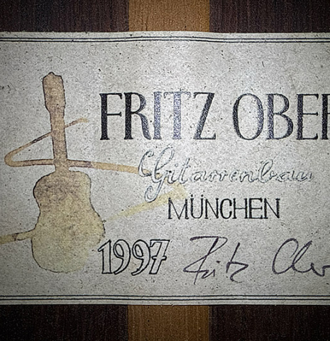 The label of a 1997 Fritz Ober classical guitar made of spruce and CSA rosewood