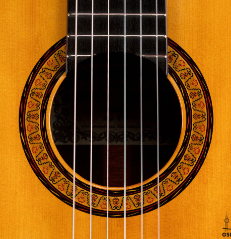 The rosette of a 2004 Jose Oribe &quot;Suprema&quot; classical guitar made of spruce and CSA rosewood