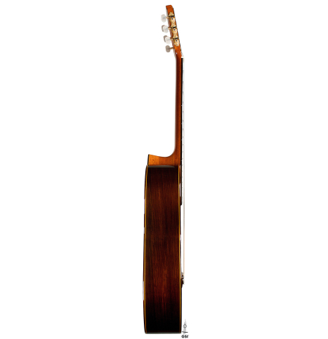 The side of a 2004 Jose Oribe &quot;Suprema&quot; classical guitar made of spruce and CSA rosewood