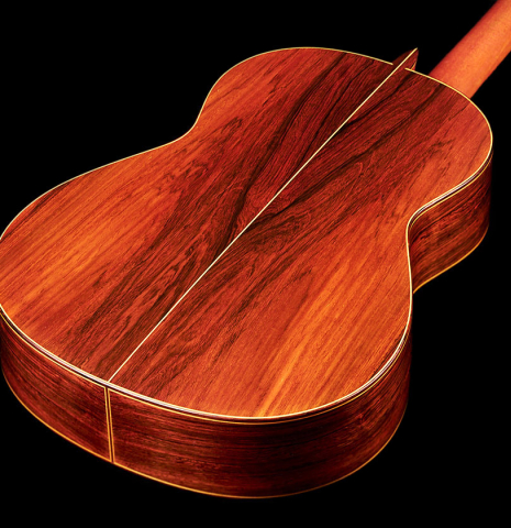 The back of a 1964 Jose Oribe classical guitar made of spruce and CSA rosewood