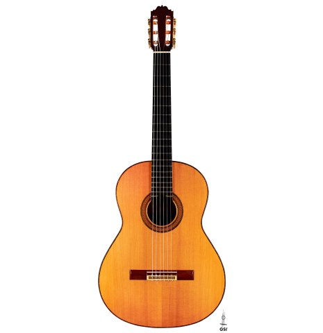The front of a 1964 Jose Oribe classical guitar made of spruce and CSA rosewood