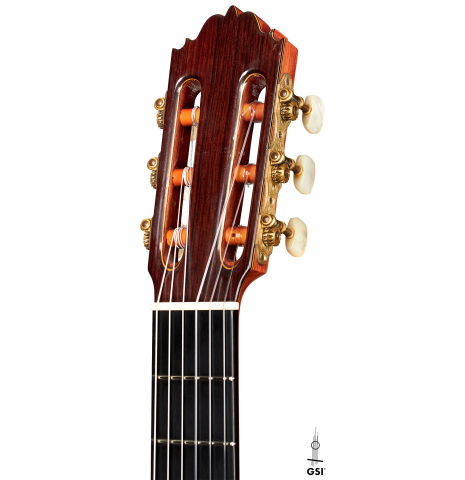 The headstock of a 1964 Jose Oribe classical guitar made of spruce and CSA rosewood
