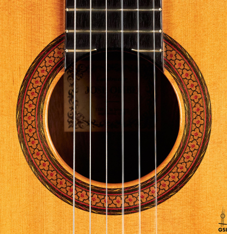 The rosette of a 1964 Jose Oribe classical guitar made of spruce and CSA rosewood