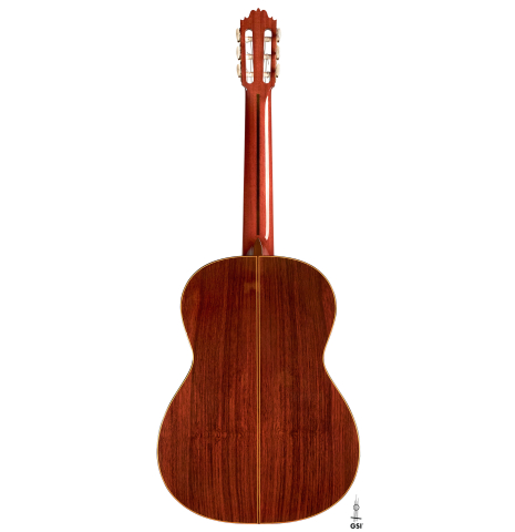 The back of a 1980's Jose Oribe "Classic Professional A" classical guitar made of cedar and Indian rosewood