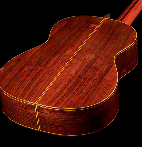 The back and sides of a 1980's Jose Oribe "Classic Professional A" classical guitar made of cedar and Indian rosewood