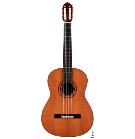 The front of a 1980's Jose Oribe "Classic Professional A" classical guitar made of cedar and Indian rosewood