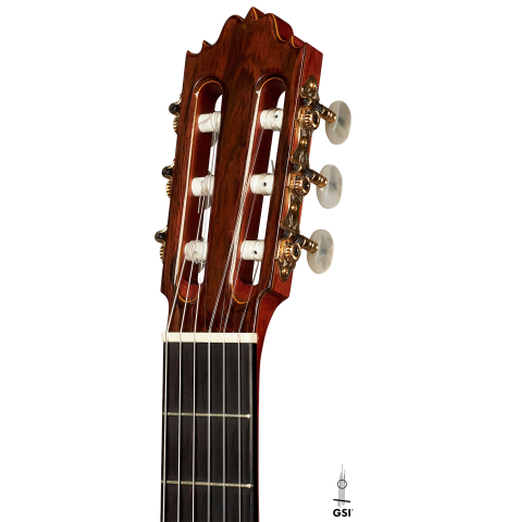 The headstock of a 1980's Jose Oribe "Classic Professional A" classical guitar made of cedar and Indian rosewood