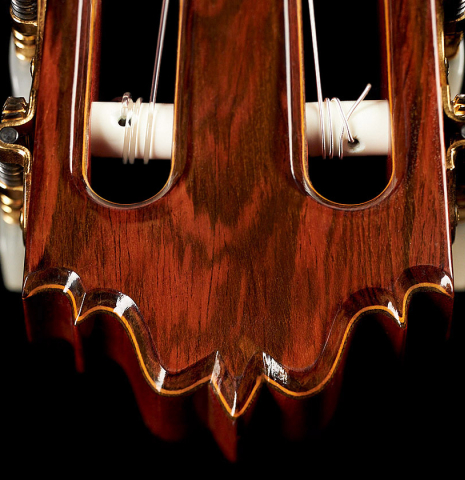 Detail of the headstock and tuning machines of a 1980's Jose Oribe "Classic Professional A" classical guitar made of cedar and Indian rosewood