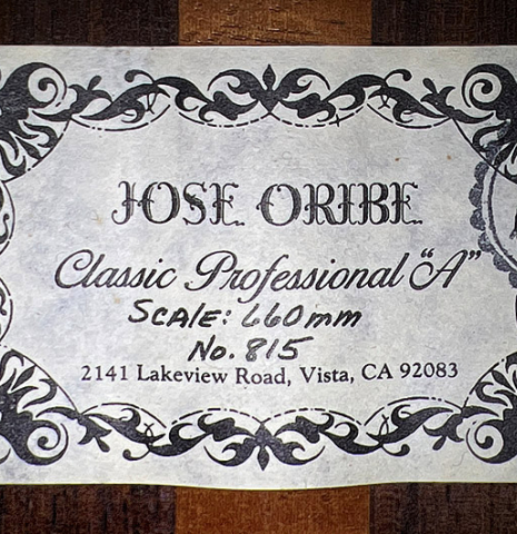 The label of a 1980's Jose Oribe "Classic Professional A" classical guitar made of cedar and Indian rosewood