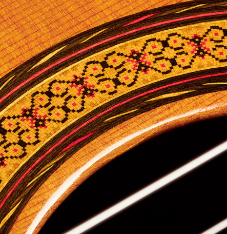 Closeup of the rosette of a 1980's Jose Oribe "Classic Professional A" classical guitar made of cedar and Indian rosewood
