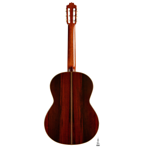 The back of a 1977 Jose Oribe "Calidad Suprema" classical guitar made of cedar and CSA rosewood