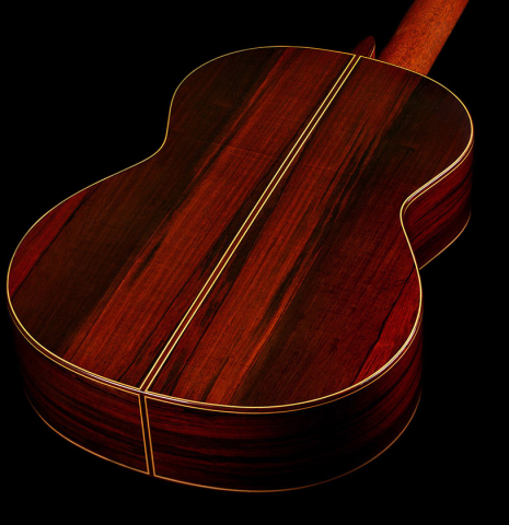 The back and sides of a 1977 Jose Oribe "Calidad Suprema" classical guitar made of cedar and CSA rosewood