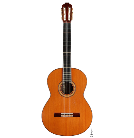 The front of a 1977 Jose Oribe "Calidad Suprema" classical guitar made of cedar and CSA rosewood