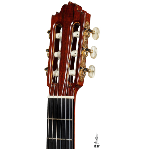 The headstock of a 1977 Jose Oribe "Calidad Suprema" classical guitar made of cedar and CSA rosewood